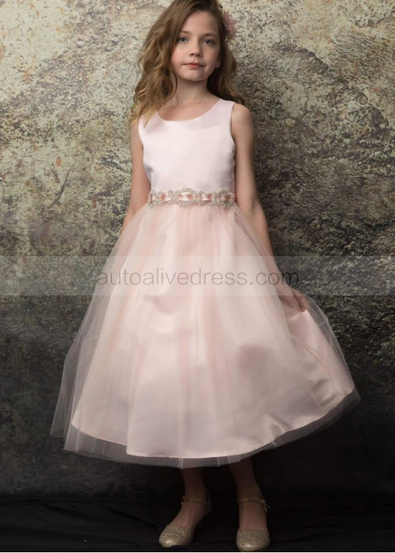 Satin Tulle Flower Girl Dress With Rhinestone Belt